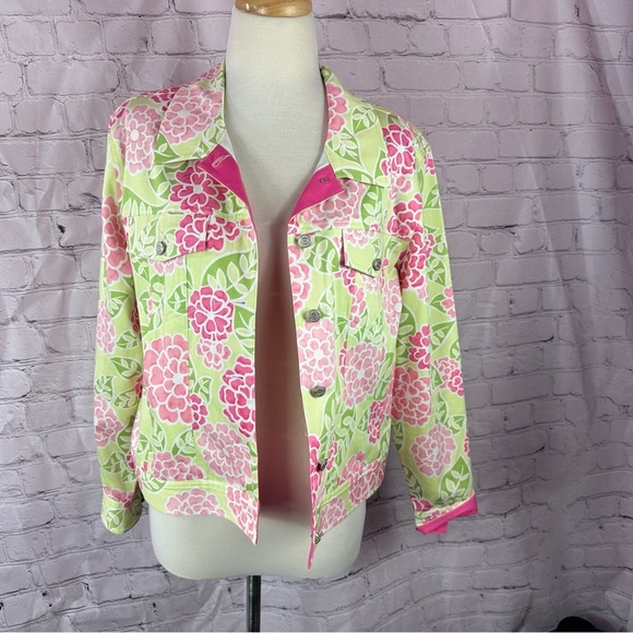telluride clothing co. bright Floral Pink Green denim jean Jacket boho sz M - Picture 1 of 7